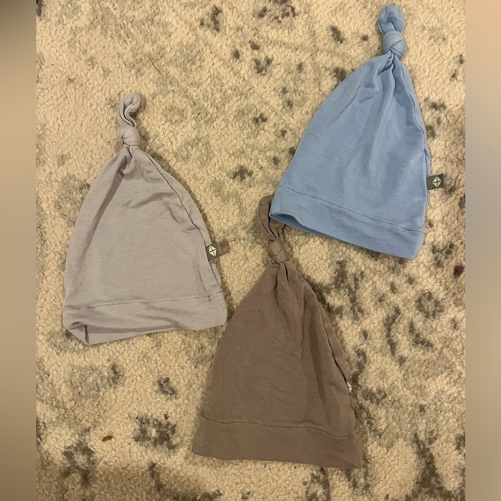 Kids Knotted Beanie Set - Blue, Gray, and Brown